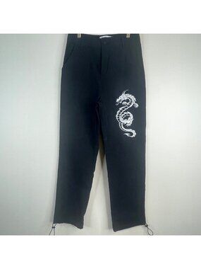 Womens Jogger Pants Small Cyber Punk Dragon Skater Embroidered Grunge Black
